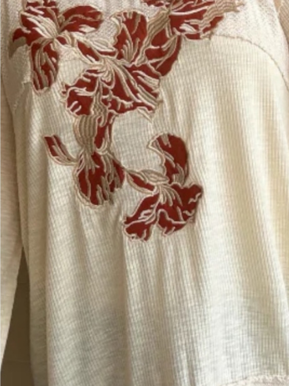 POL Cream Waffle Long Sleeve Top with Rust Floral Appliqué